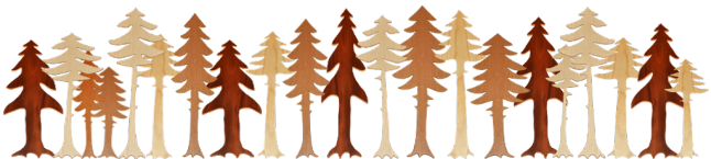Schematisches Waldbild aus verschiedenen aus Holz gefertigten Nadelbäumen