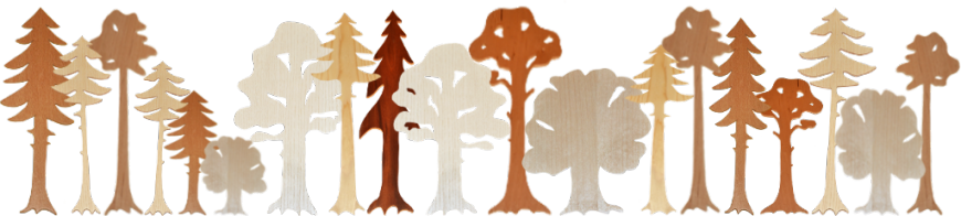 Schematisches Waldbild aus verschiedenen aus Holz gefertigten Laub- und Nadelbäumen